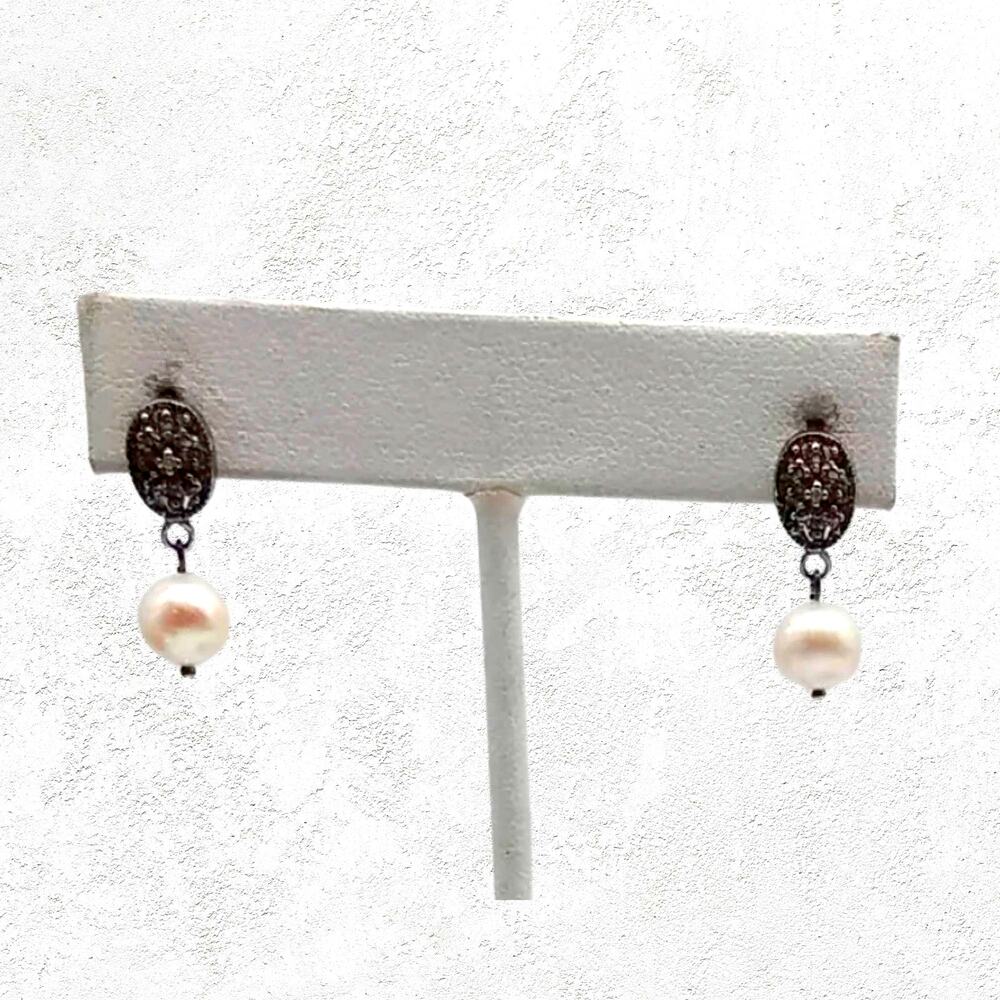 Sterling Silver Diamond Melee and Cultured Pearl Drop Earrings